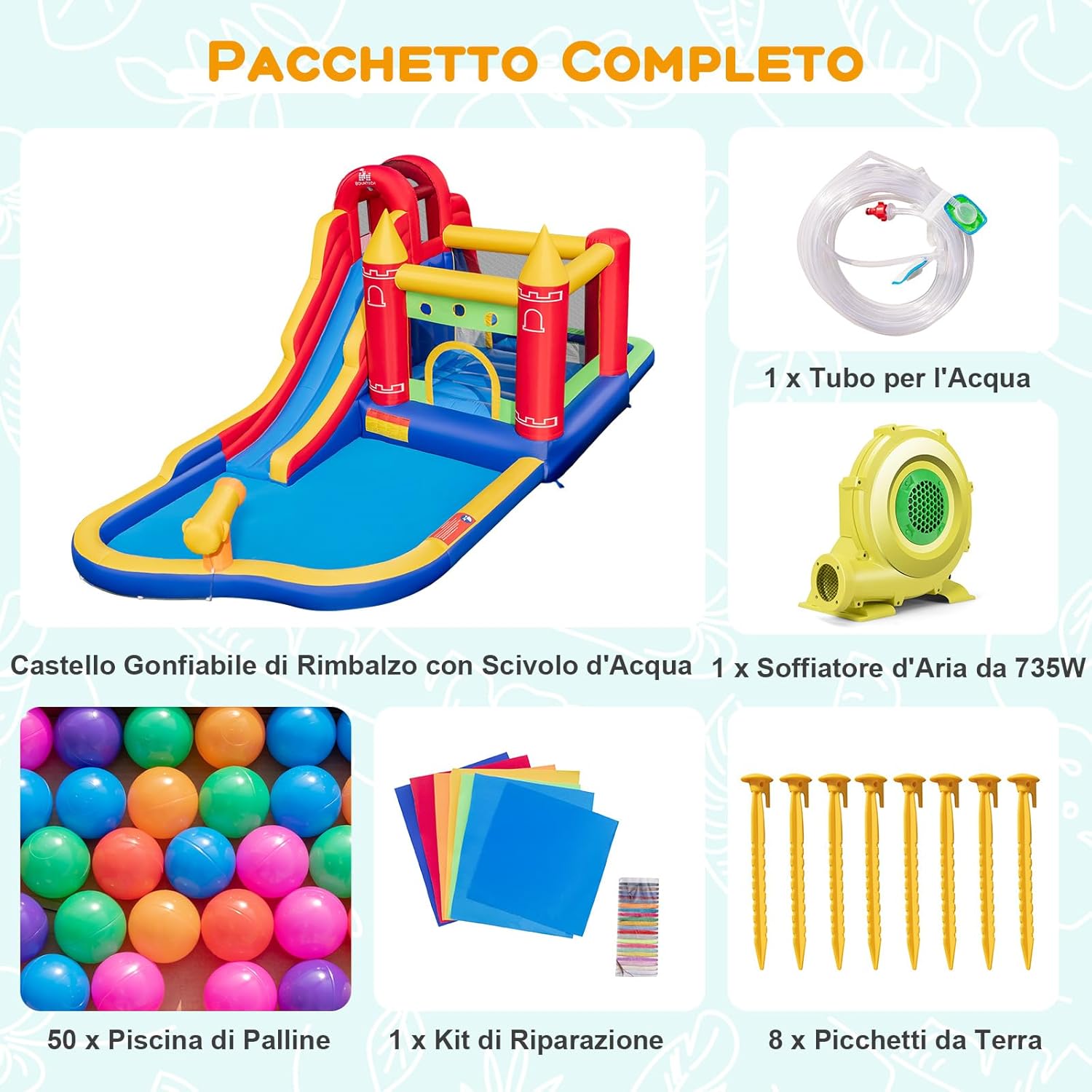 Castello Gonfiabile, Casa Gonfiabile con Scivolo, Piscina, Parete da Arrampicata, Trampolino e Cannone d'Acqua, con ventilatore, per Bambini di 3-10 Anni, 624 x 270 x 235 cm