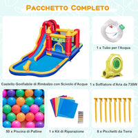 Castello Gonfiabile, Casa Gonfiabile con Scivolo, Piscina, Parete da Arrampicata, Trampolino e Cannone d'Acqua, con ventilatore, per Bambini di 3-10 Anni, 624 x 270 x 235 cm