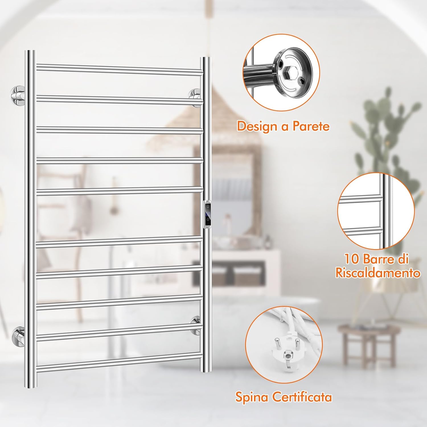 120W Scaldasalviette Elettrico con 10 Barre, Timer e Display LCD, Portasciugamani Elettrico Riscaldato Impermeabile in Acciaio Inox, Argento