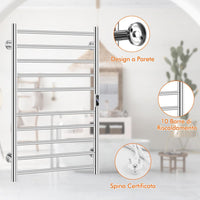 120W Scaldasalviette Elettrico con 10 Barre, Timer e Display LCD, Portasciugamani Elettrico Riscaldato Impermeabile in Acciaio Inox, Argento