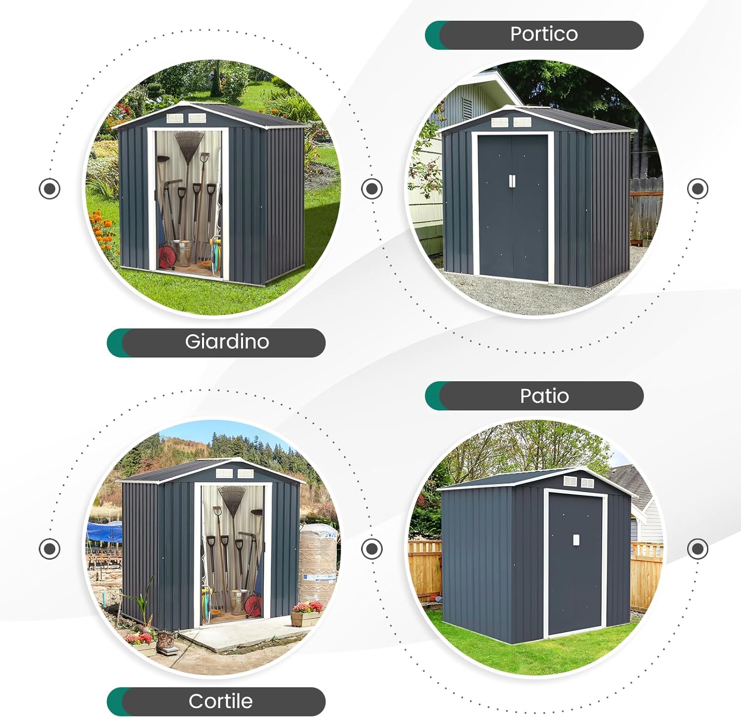 Casetta da Giardino in Acciaio 2,7㎡, con Base, Porte Scorrevoli, Maniglie, Sfoghi e Tettoia, Capanno da Esterno per Giardino, Fattoria e Cortile, 213 x 127 x 185 cm (Grigio Scuro)