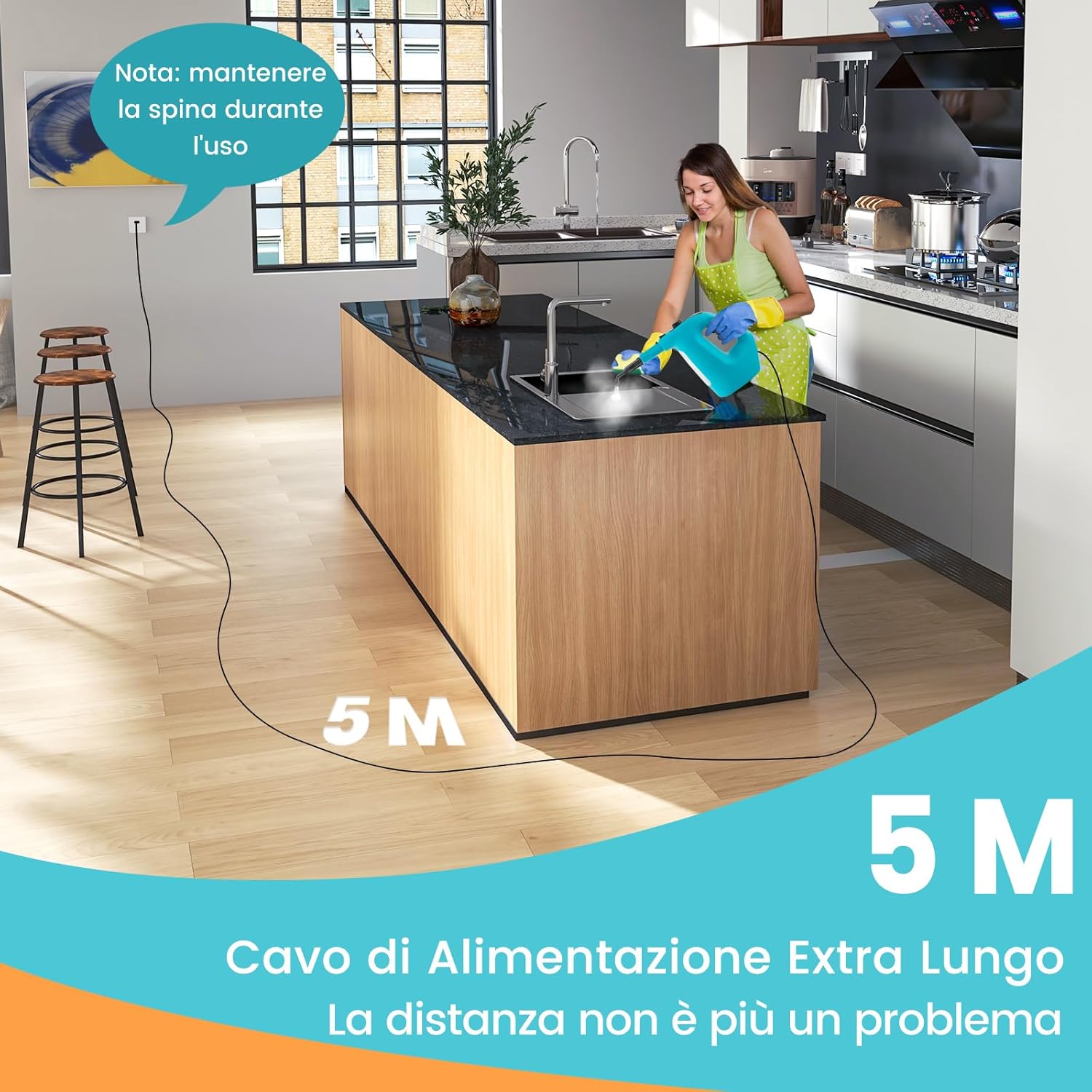 1500W Pulitore a Vapore Portatile, Macchina a Vapore con Serbatoio d'Acqua da 400 ml Blocco per Bambini e Kit di Accessori da 14 Pezzi, 33x13x24,5 cm (Blu)