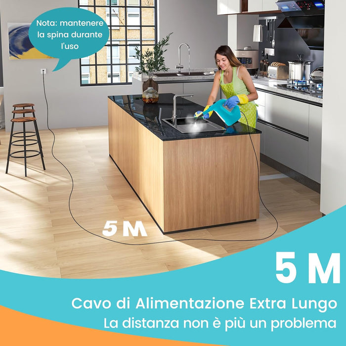 1500W Pulitore a Vapore Portatile, Macchina a Vapore con Serbatoio d'Acqua da 400 ml Blocco per Bambini e Kit di Accessori da 14 Pezzi, 33x13x24,5 cm (Blu)