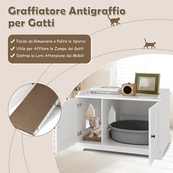 Mobile per Lettiera per Gatti, Casetta per Gatti con Tiragraffi, Divisorio Regolabile, Ante e Ingresso Laterale, Mobiletto Versatile e Moderno per Salotto, 75 x 51 x 53 cm, Bianco