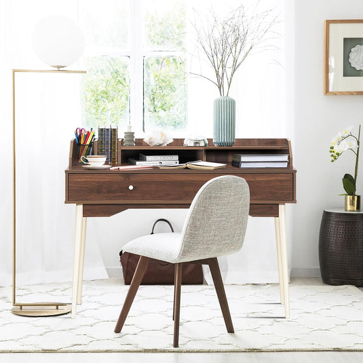 Scrivania con Cassetto, Tavolo per Casa e Ufficio con Gambe Resistenti in Legno di Gomma e 2 Scompartimenti, Ideale per Salone Studio Camera da Letto, 120 x 50 x 93 cm (Marrone)