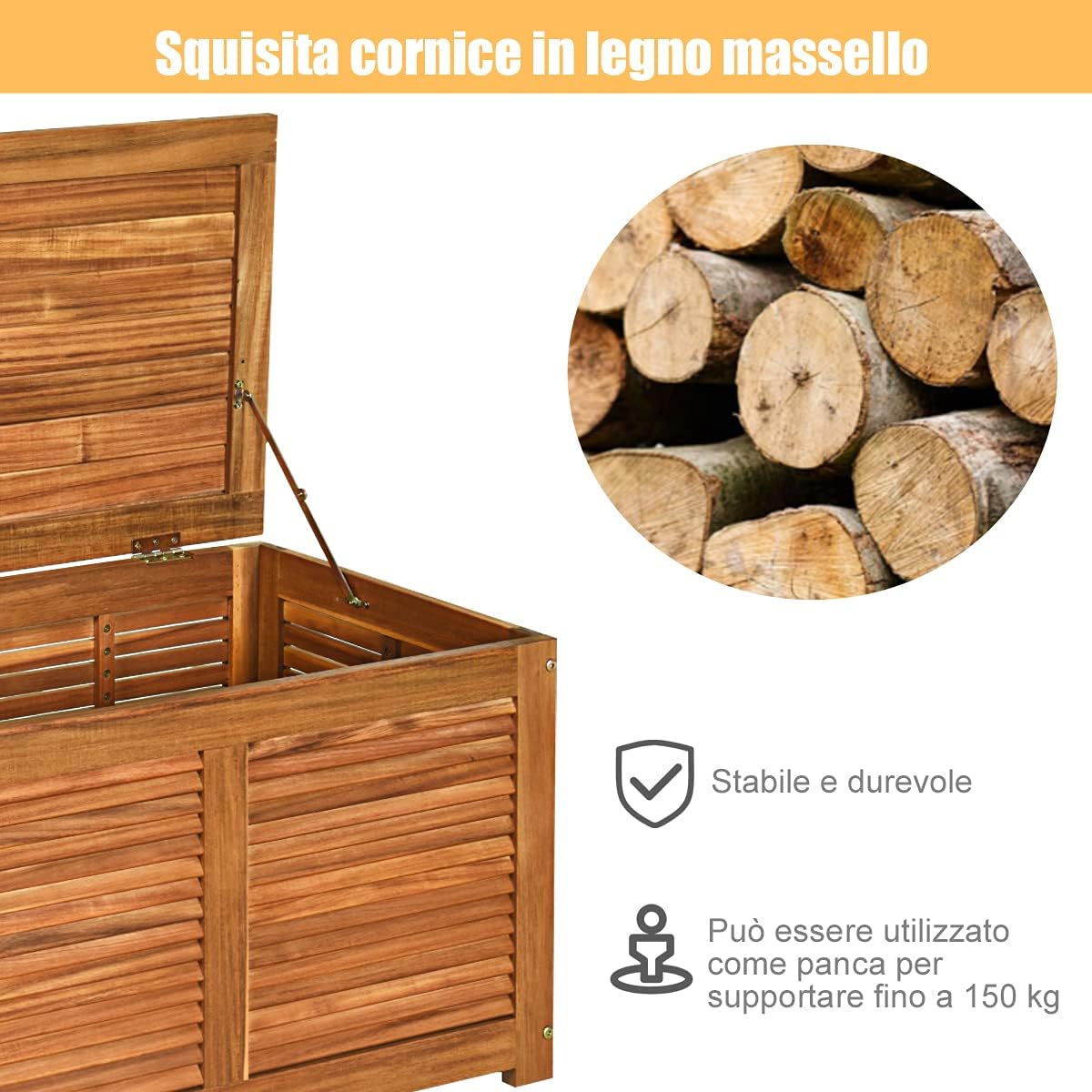 Baule da Giardino, Scatola Portaoggetti da Esterno in Legno con Capacità di Contenimento di 235 Litri, 120,5 x 44,5 x 44,5 cm