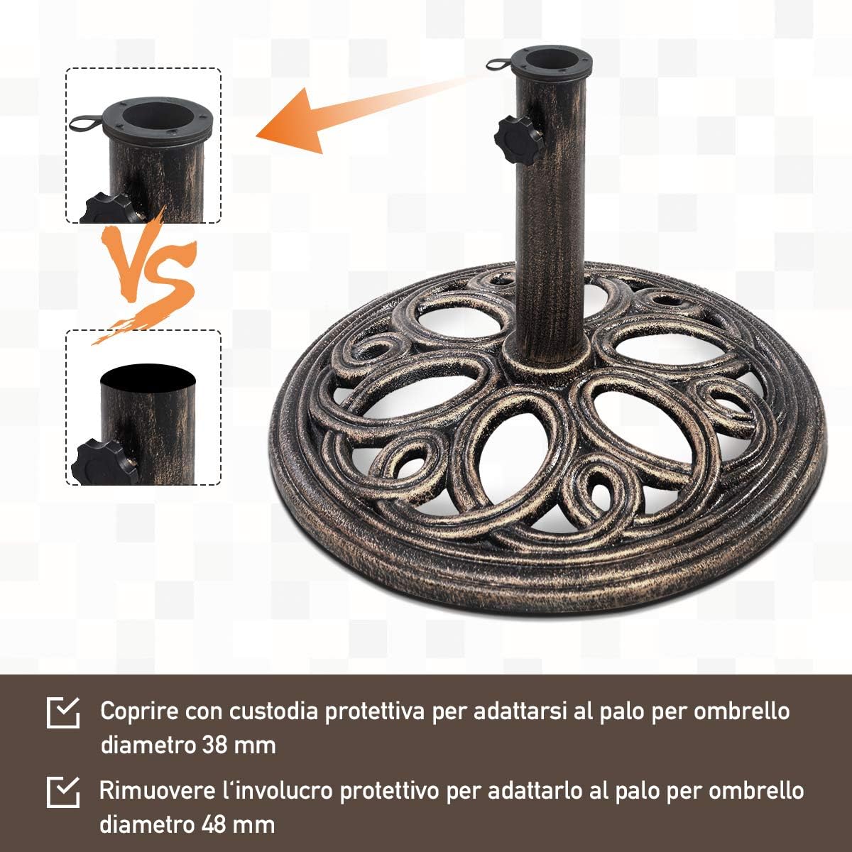 Base per Ombrellone, Ideale per Pali da 38-48mm, Base Ombrellone in Ghisa, Facile da Montare e Pulire, Bronzo