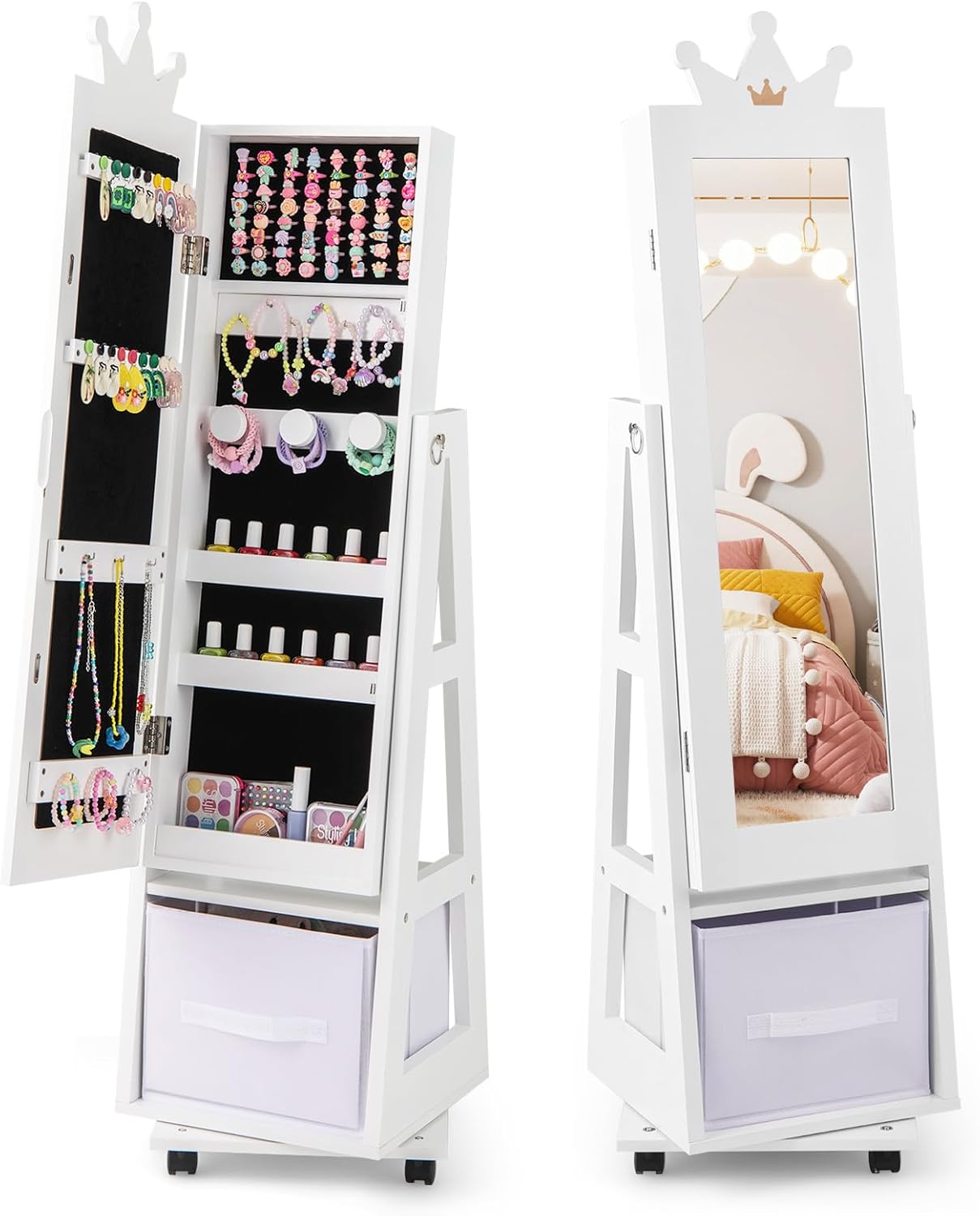 Specchio Portagioie da Terra, Armadietto Portagioielli e Girevole con Specchio a Figura Intera e 4 Ruote Universali Bloccabili, Specchiera da Camera da Letto per Bambini