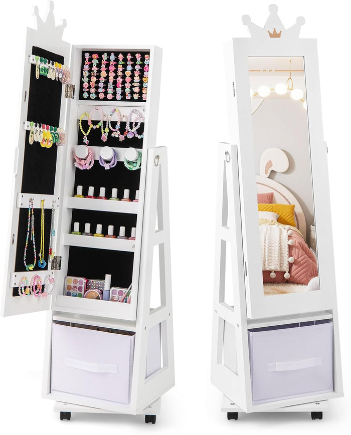 Specchio Portagioie da Terra, Armadietto Portagioielli e Girevole con Specchio a Figura Intera e 4 Ruote Universali Bloccabili, Specchiera da Camera da Letto per Bambini