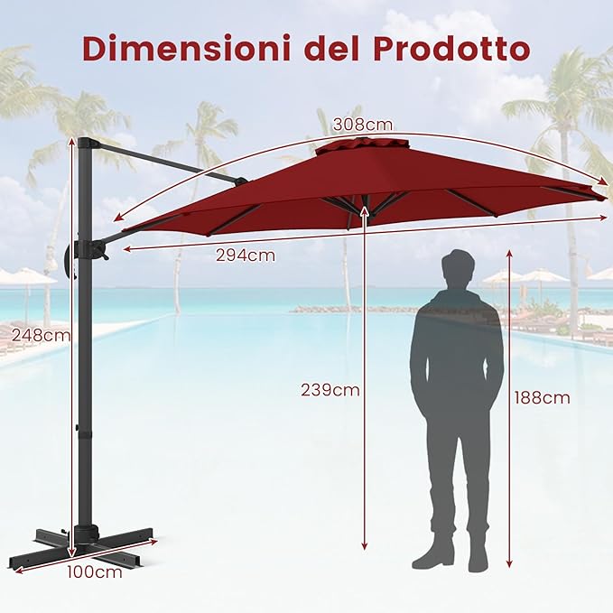Ombrellone da Esterno 294 cm, Ombrellone con Rotazione a 360°, 5 Angoli di Inclinazione Regolabili, Base a Forma di Croce, 8 Stecche, Ombrellone per Giardino, Piscina, Cortile