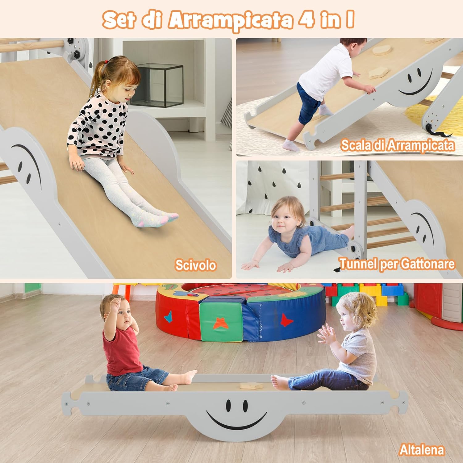 5 in 1 Set da Arrampicata per Bambini, Giochi da Arrampicata Pieghevoli in Legno con Rampe Regolabili e Reversibili, Scala da Arrampicata per Bambini 3+ Anni (Grigio)