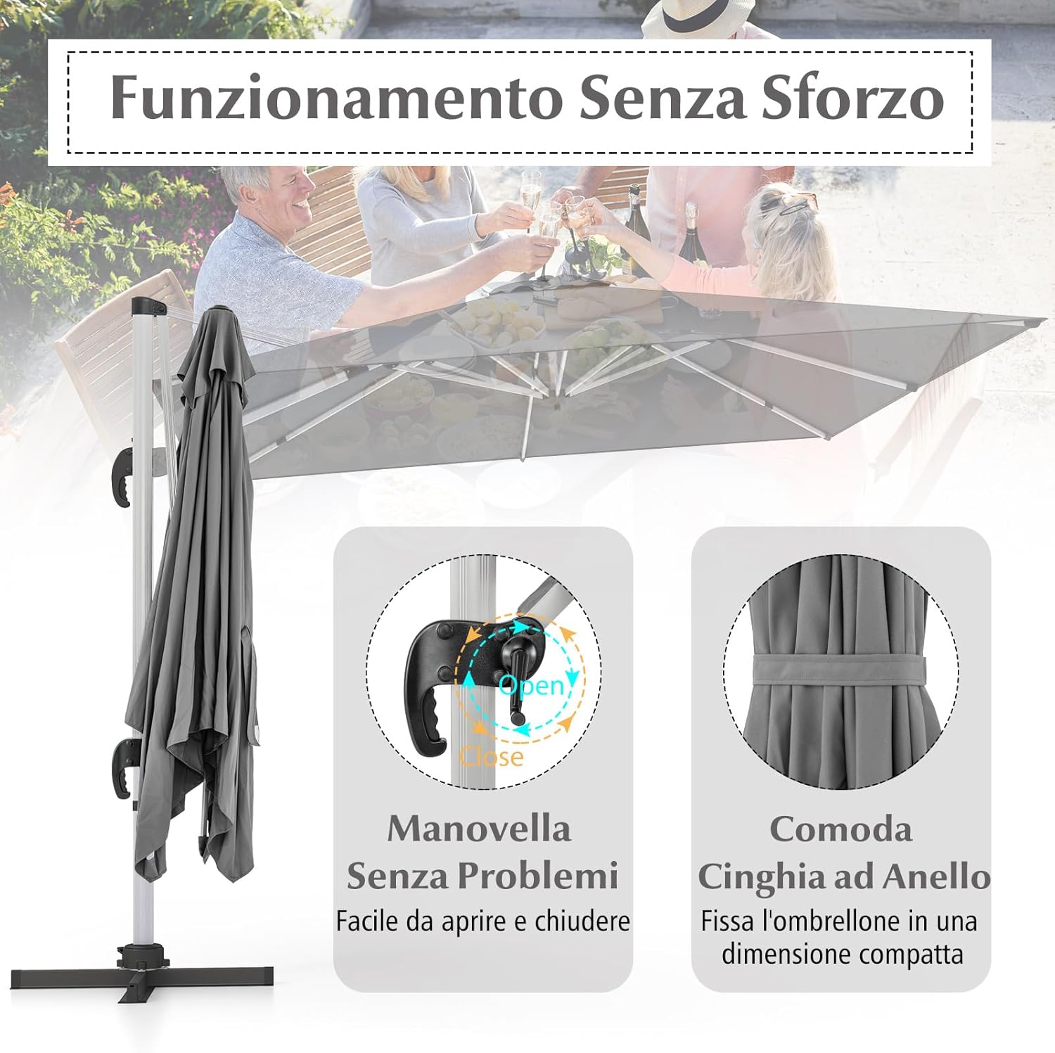 Ombrellone da Giardino 300 cm, Ombrellone Quadrato da Esterno con Rotazione a 360°, Inclinazione Regolabile, Base a Croce, 8 Stecche (Grigio, 300 x 300 x 261 cm)