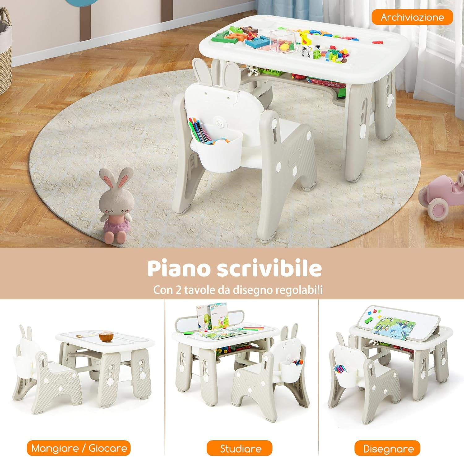 Set Tavolo e Sedia per Bambini, Tavolo e Sedia per Bambini con Mensola Ribaltabile, Lavagna Magnetica Cancellabile, Altezza Regolabile, per Camera da Letto, Sala, Giochi per Bambini