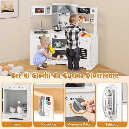 Cucina Giocattolo per Bambini, Cucina Legno per Bambini Con Forno, Microonde, Macchina del Ghiaccio, Macchina per Caffè, Lavello e Rubinetto, Con Suoni e Luci, per Bambini 3+ Anni (Bianco)
