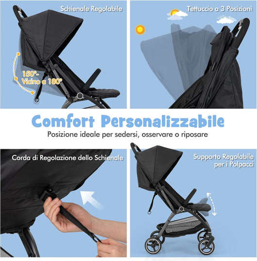 Passeggino Leggero per Bambini, Passeggino Pieghevole con Schienale Regolabile, Tettuccio, Cintura di Sicurezza a 5 Punti, Cestello Portaoggetti, per Bambini 0-36 Mesi (Nero)