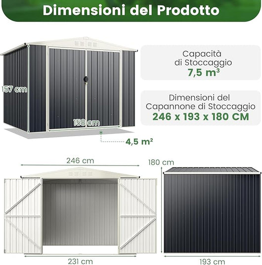 Casetta Porta Attrezzi per Esterni, Capanno in Acciaio Antiruggine e Resistente alle Intemperie, Porta Chiudibile e Tetto Spiovente, Capannone per Bicicletta e Tagliaerba, 246x193x180 cm