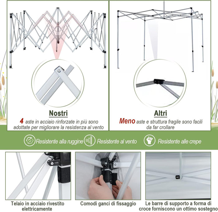 Gazebo Pieghevole da Giardino 3 x 3 m, Gazebo Pop Up Impermeabile con Telaio in Acciaio, Altezza Regolabile, Doppio Tetto e Borsa con Ruote, per Giardino Spiaggia Campeggio (Bianco)