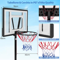 Canestro da Basket Portatile, Supporto Regolabile in Altezza a 8 Posizioni con Tubo Centrale Rimovibile, Base Ampia, Canestro da Basket da Interno e da Esterno