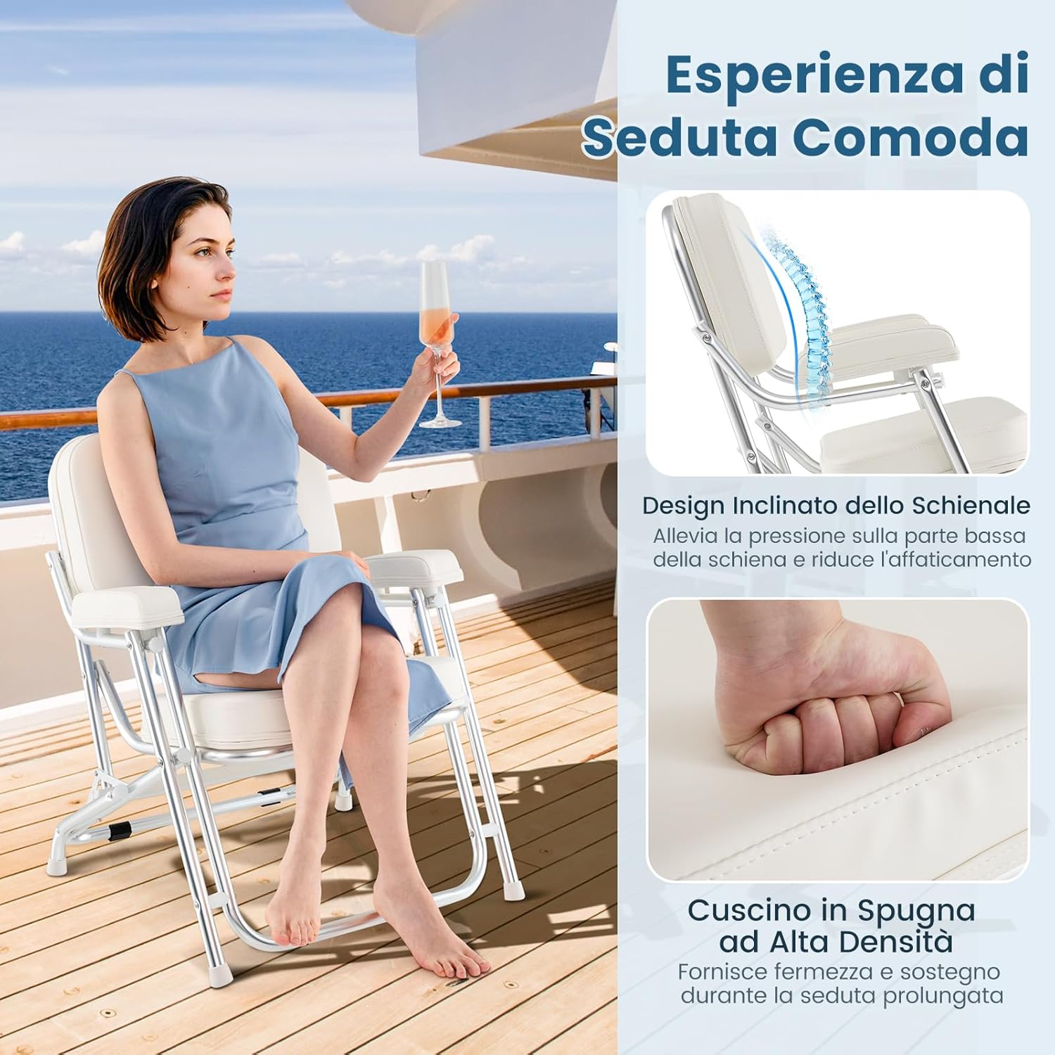 Sedia da Barca Pighevole, Sedia da Spiaggia in Alluminio con Seduta Imbottita, Poltrona Portatile per Esterni, Piedini Antiscivolo, Sedia da Campeggio Portata 150 kg