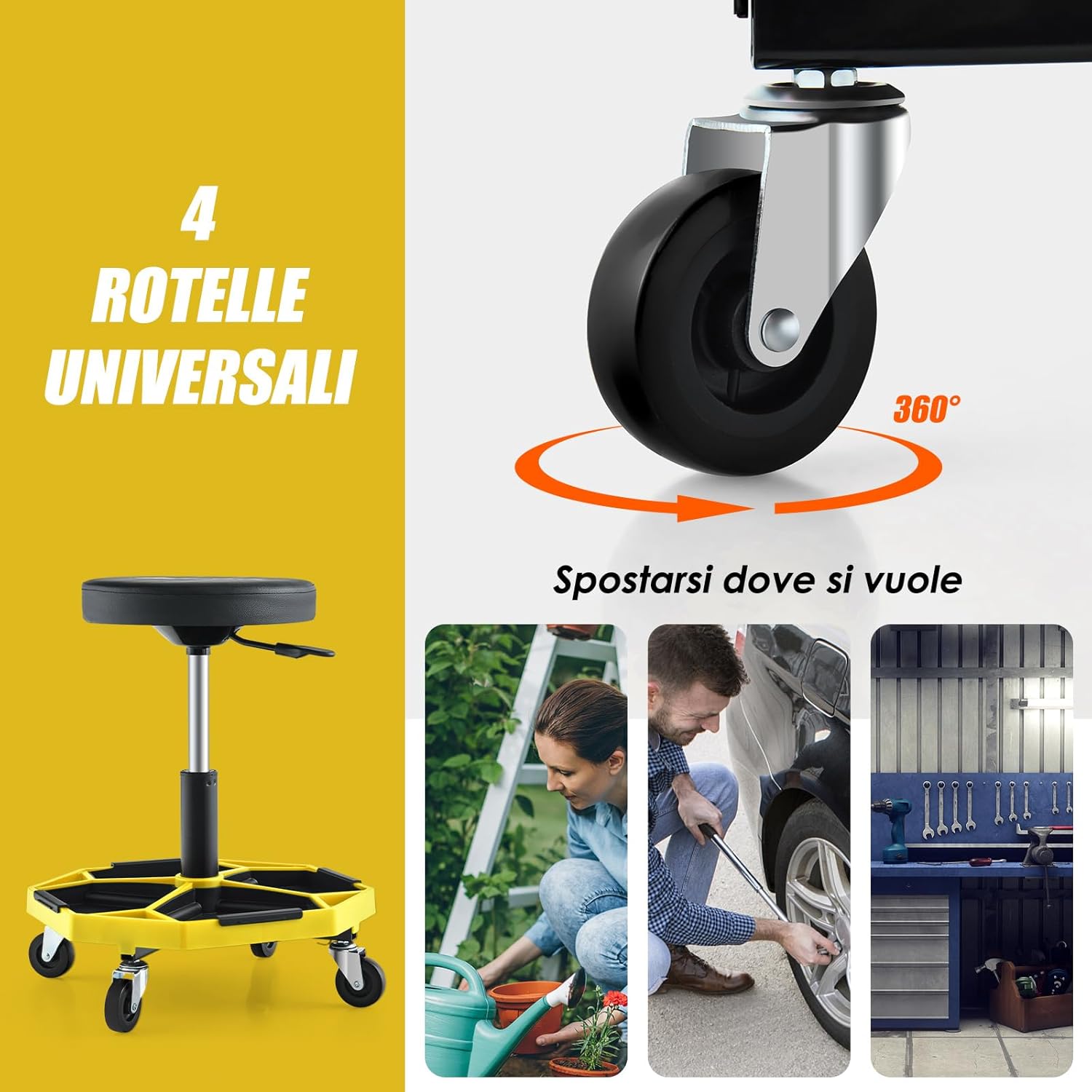 Sgabello da Officina con Ruote, con Ripiano per Attrezzi e Viti, Portata di 150 kg, Altezza Regolabile e Girevole, Sedia Meccanico per Garage, Officina (Giallo)