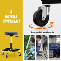 Sgabello da Officina con Ruote, con Ripiano per Attrezzi e Viti, Portata di 150 kg, Altezza Regolabile e Girevole, Sedia Meccanico per Garage, Officina (Giallo)