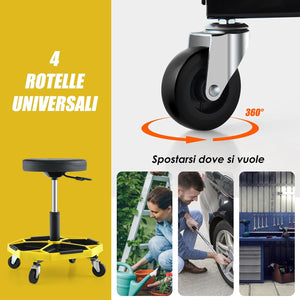 Sgabello da Officina con Ruote, con Ripiano per Attrezzi e Viti, Portata di 150 kg, Altezza Regolabile e Girevole, Sedia Meccanico per Garage, Officina (Giallo)