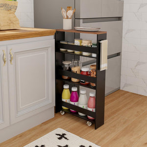 Carrello Portaoggetti da Cucina, Scaffale con Maniglia Laterale e Ruote, Carrello Salvaspazio con 3 Scaffali Stretti, 47,5x13x80,5 cm (Marrone+Nero)