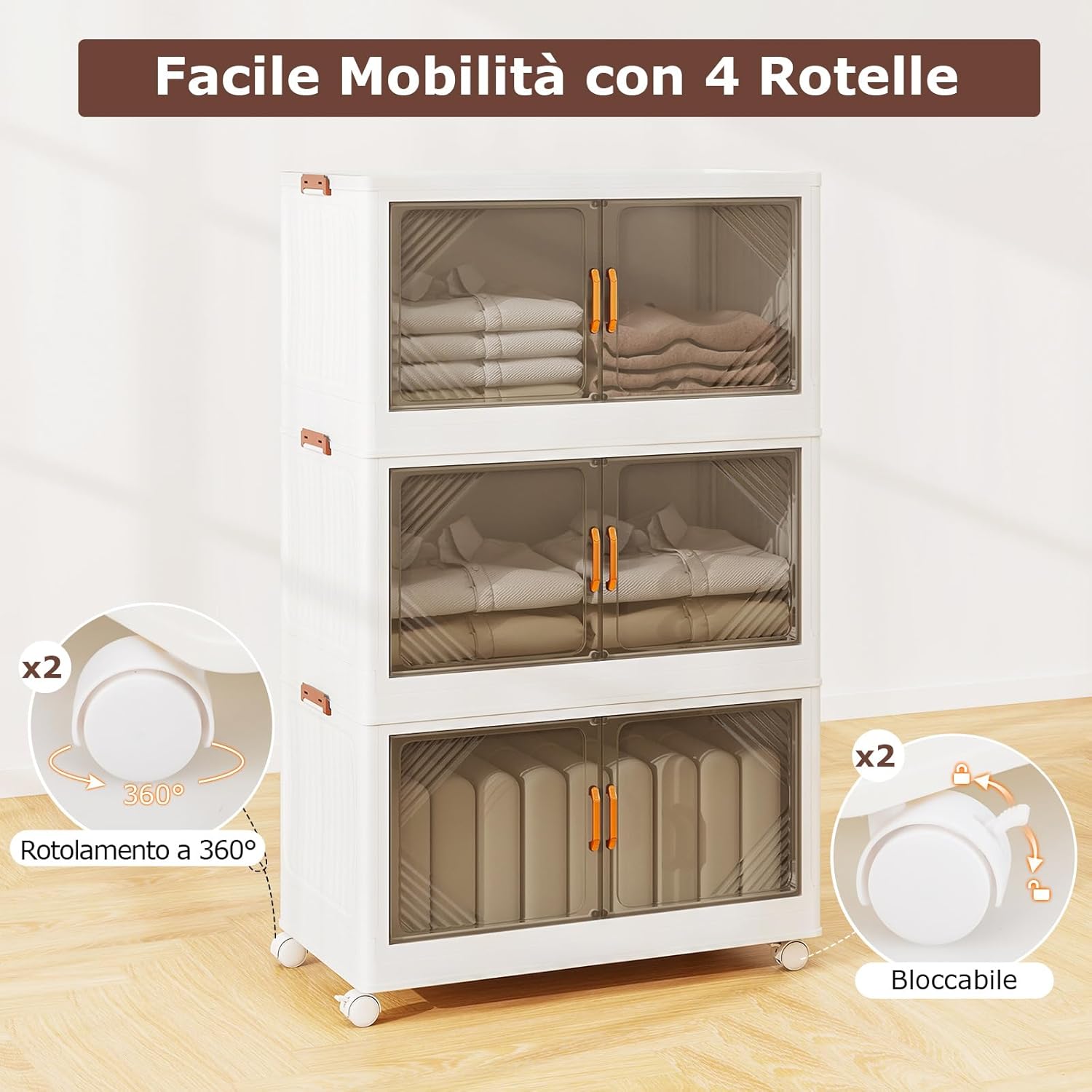 Contenitori da Stoccaggio Pieghevoli con Coperchio da 213/284 L, Scatole Impilabili a 3/4 Piani con Ruote, Organizzatore Pieghevole con Porte per Camera da Letto Soggiorno (65 x 39 x 109 cm)