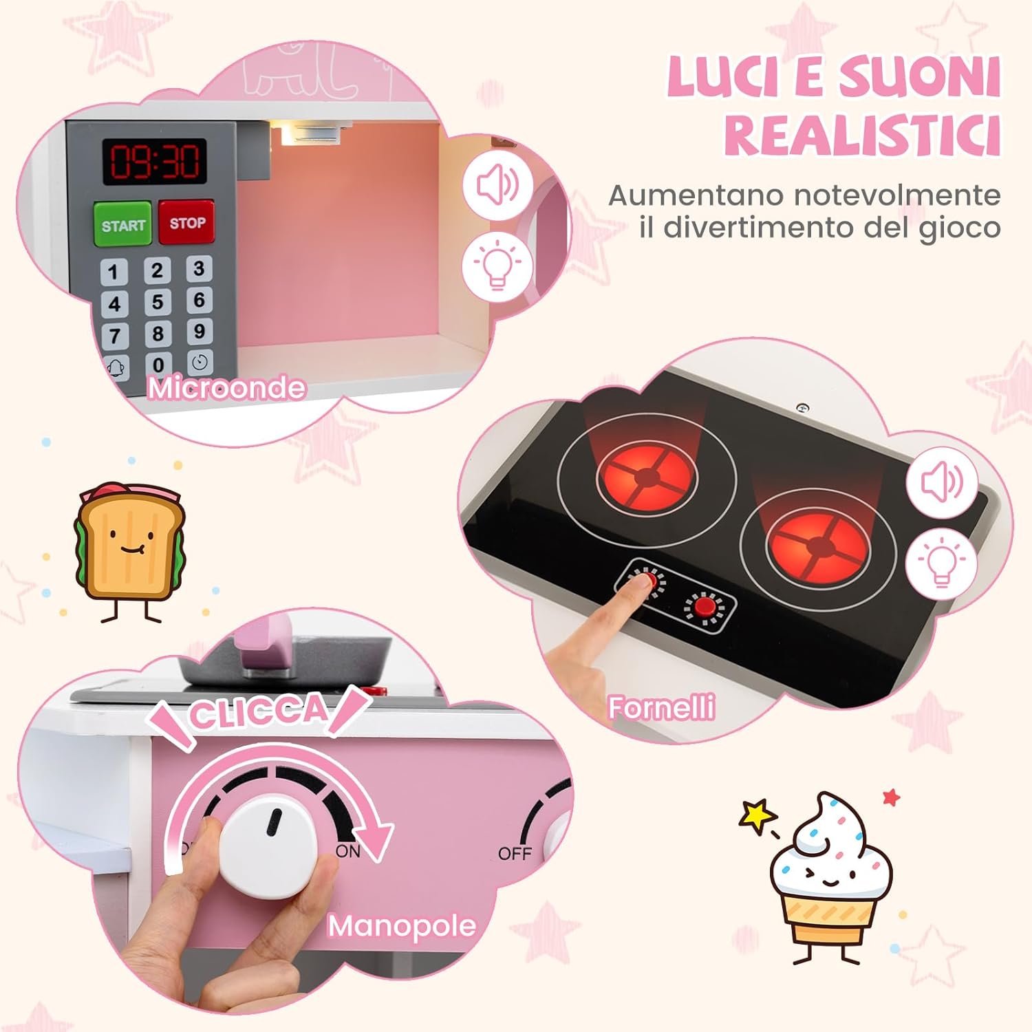 Cucina Giocattolo Angolare con Fornelli e Micronde da Suoni e Luci, Cucina per Bambini in Legno con Macchina Caffè, Lavandelo, Forno e Lavatrice, Set Cucina con Accessori (Rosa)