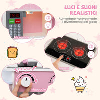Cucina Giocattolo Angolare con Fornelli e Micronde da Suoni e Luci, Cucina per Bambini in Legno con Macchina Caffè, Lavandelo, Forno e Lavatrice, Set Cucina con Accessori (Rosa)