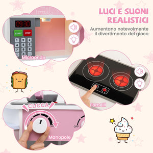 Cucina Giocattolo Angolare con Fornelli e Micronde da Suoni e Luci, Cucina per Bambini in Legno con Macchina Caffè, Lavandelo, Forno e Lavatrice, Set Cucina con Accessori (Rosa)