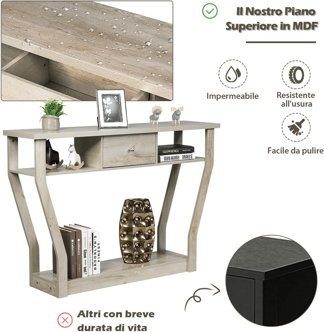 Tavolo Consolle in Legno, Consolle con Cassetto e Ripiani, Tavolo d'Ingresso Multiuso per Salotto, Corridoio e Entrata 120 x 30 x 81 cm (Grigio)