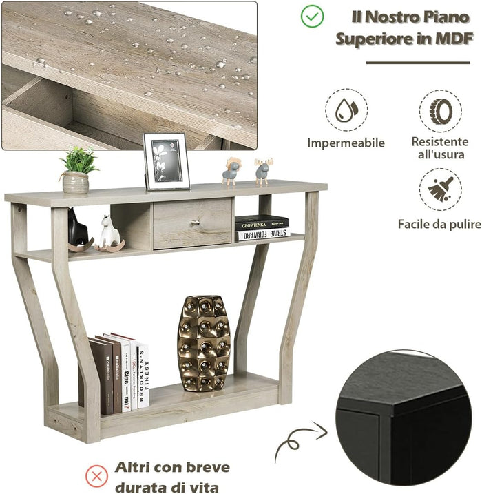 Tavolo Consolle in Legno, Consolle con Cassetto e Ripiani, Tavolo d'Ingresso Multiuso per Salotto, Corridoio e Entrata 120 x 30 x 81 cm (Grigio)