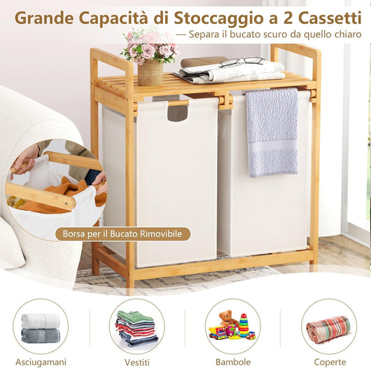 Cesto Portabiancheria in Bambù, Cesto della Biancheria Sporca con 2 Scompartimenti Estraibili, con Borse Rimovibili e Mensola in Alto, 64 x 33 x 73 cm (Bianco)