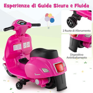Moto Elettrica per Bambini, 6V Mini Moto per Bambini 18-36 Mesi, con Licenza Ufficiale Vespa, con Luci a LED e Suoni di Clacson, Portata 25 kg, 2 Ruote di Allenamento, 2,5 km/h (Rosa)