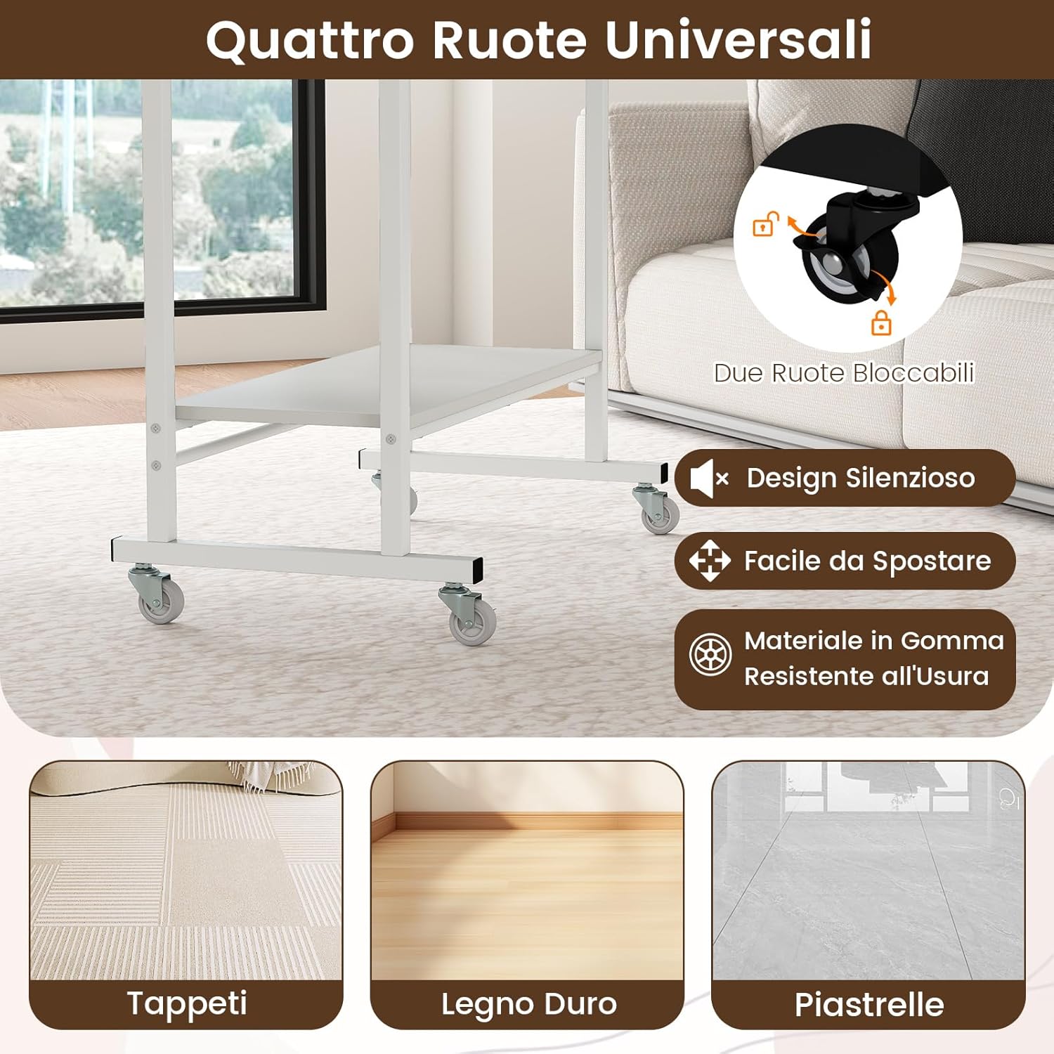 Scrivania con Ruote, Vassoio per Tastiera, Supporto per CPU e Ganci, Scrivania Moderna in Legno e Metallo per Salotto e Camera da Letto, 80 x 50 x 78 cm (Bianco)
