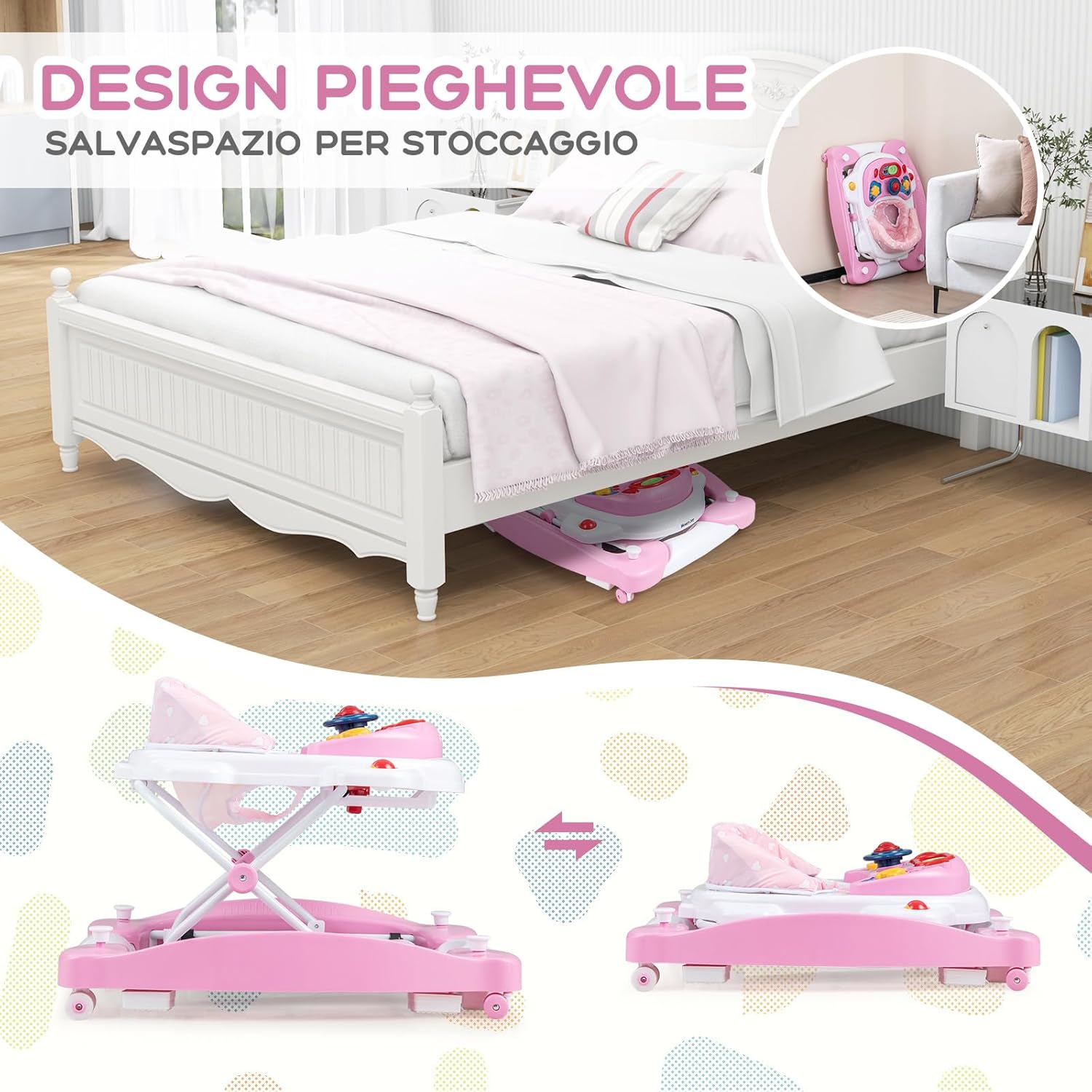 Girello per Bambini 6 in 1, Primi Passi per Neonati con Altezza Regolabile, Sedia a Dondolo per Bambini, Girello Pieghevole con Vassoio Musicale, Cuscino, per Bambini 6+ Mesi (Rosa)