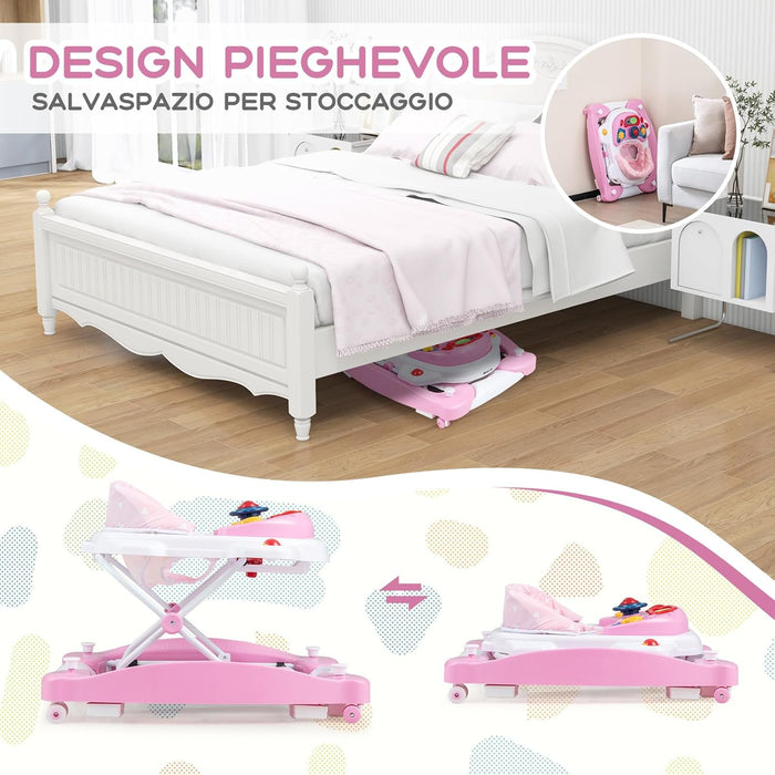 Girello per Bambini 6 in 1, Primi Passi per Neonati con Altezza Regolabile, Sedia a Dondolo per Bambini, Girello Pieghevole con Vassoio Musicale, Cuscino, per Bambini 6+ Mesi (Rosa)