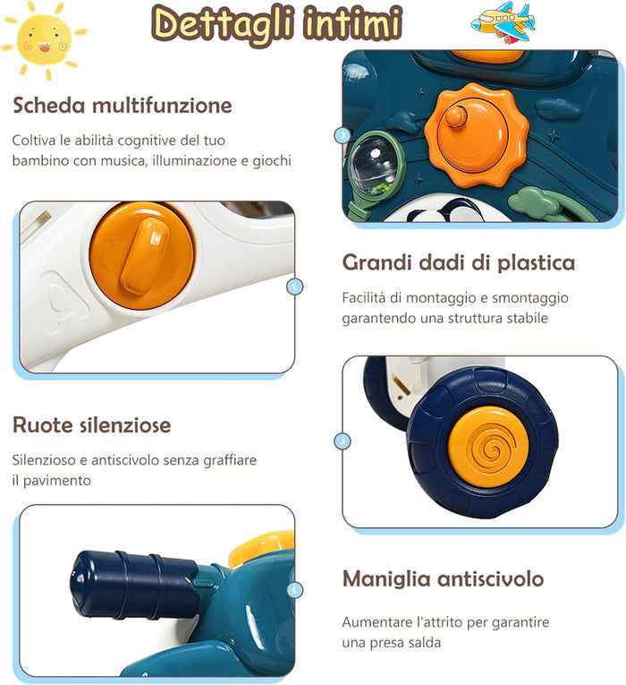 3 in 1 Primi Passi Cavalcabile Spingibile, Giocattolo Educativo con Musica e Luci, con 4 Ruote Antiscivolo, Ideale per Bambini 6-36 Mesi (Blu)