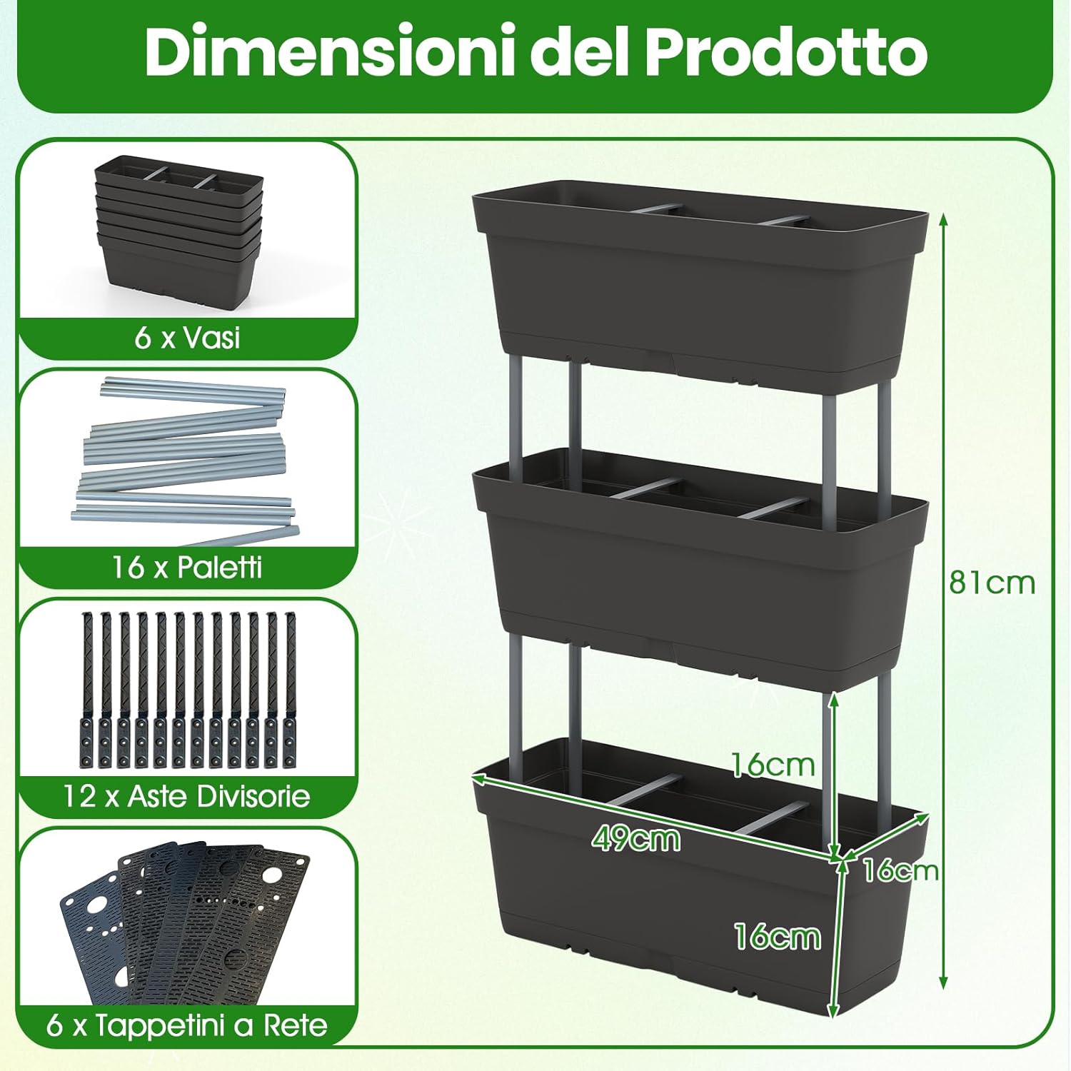 Letto Verticale Rialzato, 6 PZ Fioriere da Giardino per Verdure, Erbe e Fiori, Fioriere Elevate per Interni ed Esterni per Patio, Giardino e Balcone (Nero)