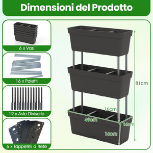 Letto Verticale Rialzato, 6 PZ Fioriere da Giardino per Verdure, Erbe e Fiori, Fioriere Elevate per Interni ed Esterni per Patio, Giardino e Balcone (Nero)