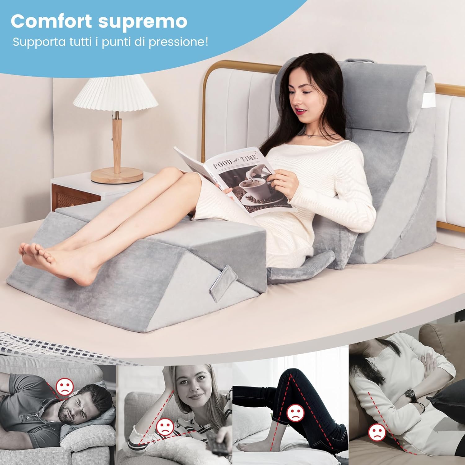 Set di 7 Cuscini per Letto/Divano, Cuscini per Corpo in Memory Foam Regolabili con Copertura Lavabile, Supporto per Testa, Collo, Schiena, Grigio