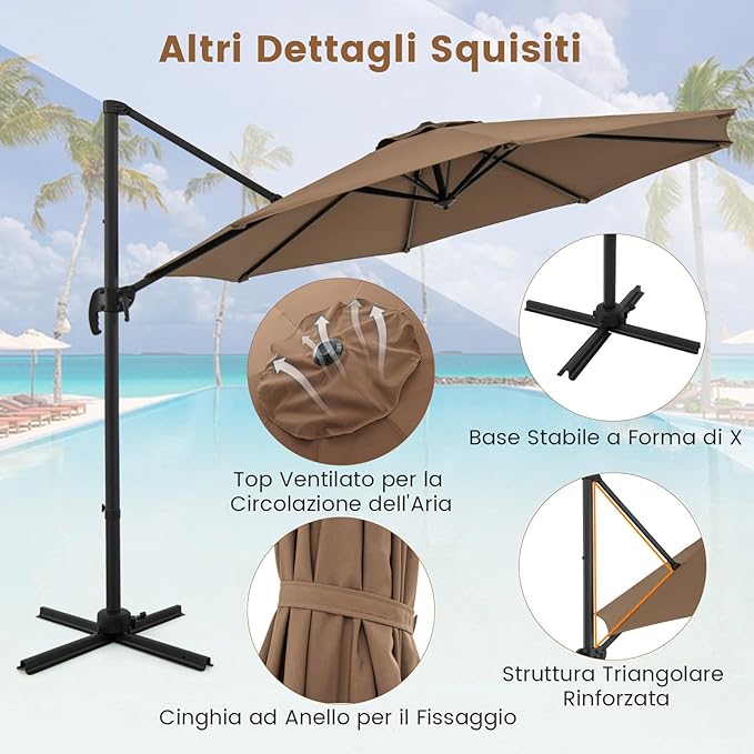 Ombrellone da Esterno 294 cm, Ombrellone con Rotazione a 360°, 5 Angoli di Inclinazione Regolabili, Base a Forma di Croce, 8 Stecche, Ombrellone per Giardino, Piscina, Cortile
