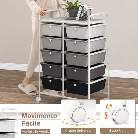 Carrello a 10 Cassetti con Ruote, Carrello di Stoccaggio con Stabilità Elevata, Carrello Multiuso per Casa Ufficio e Scuola, 65,5 x 37 x 87 cm (Sfumatura nera 2)