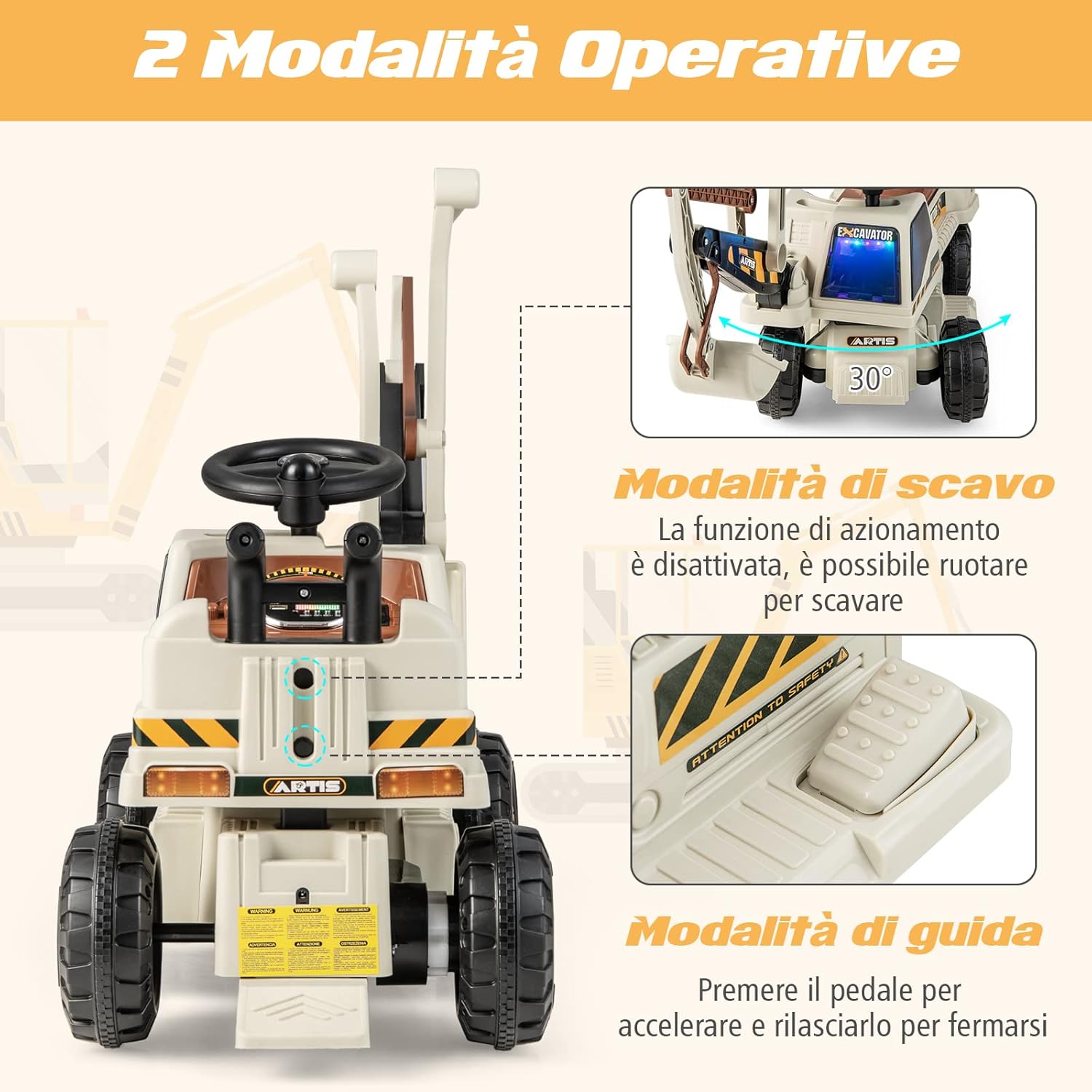 Escavatore Cavalcabile per Bambini, Ruspa Cavalcabile con Sedile Scomparto Portaoggetti, Funzione di Musica e di Educativa, Regalo per Bambini 3 Anni+ (Grigio)