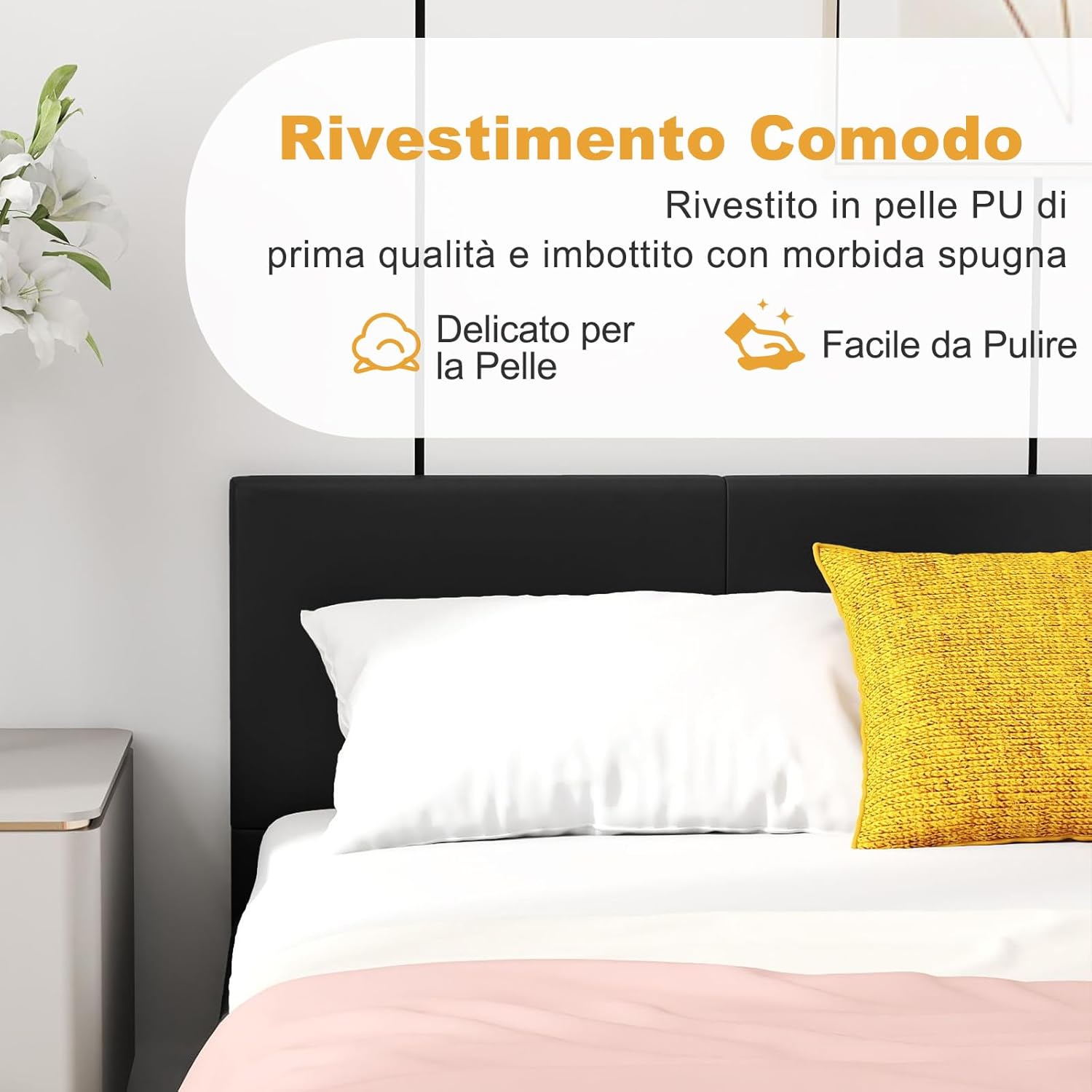 Letto Matrimoniale in Legno, Struttura per Letto Con Testiera Imbottita Luce LED Multicolore e Telecomando, Carico 200 kg, Silenzioso (Nero)