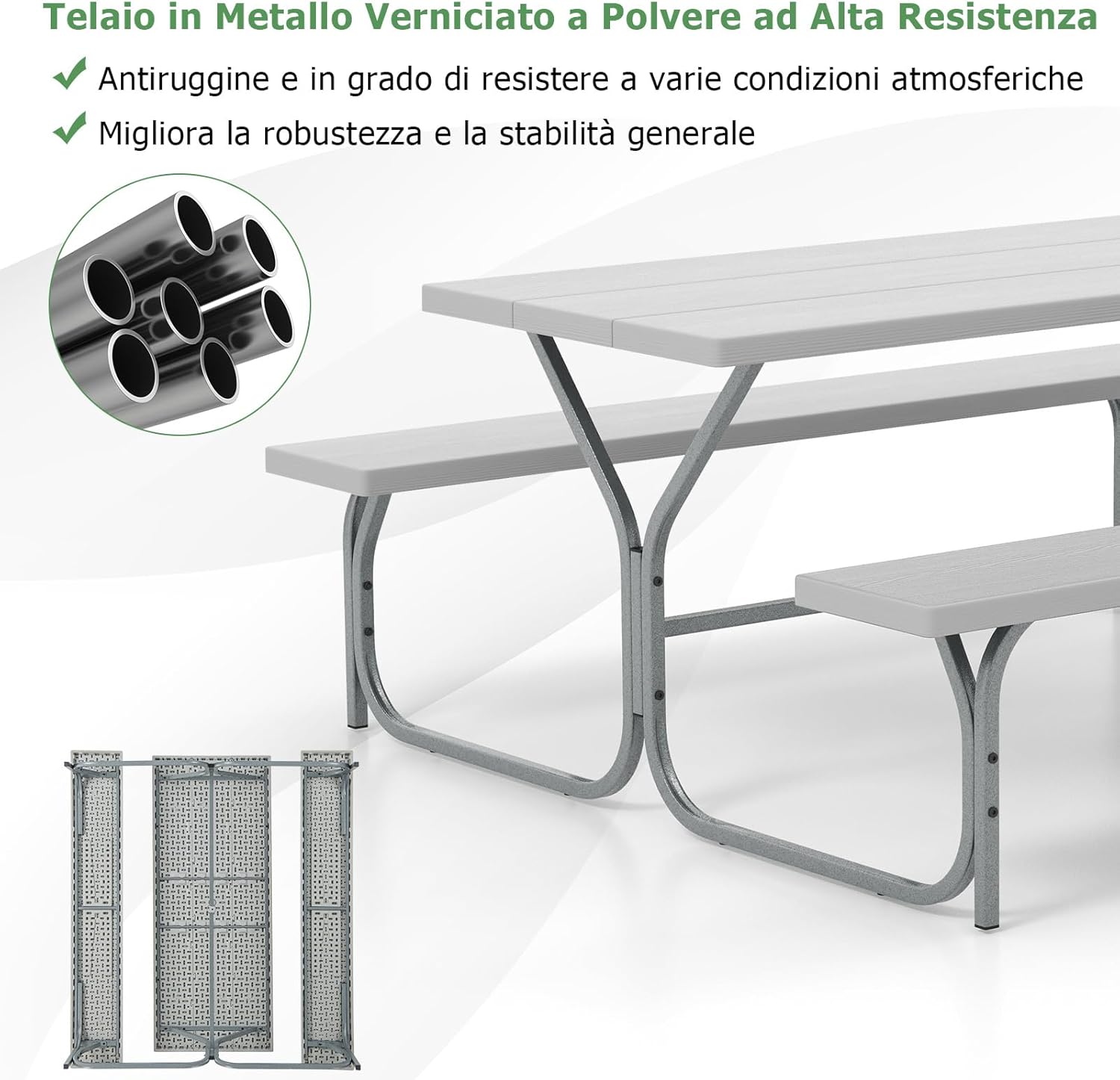 Set Tavolo da Picnic con Panca da 183 cm, Tavolo da Campeggio con 2 Panche per 8 Persone, Foro per Ombrellone, per Giardino, Campeggio, terrazza, Portato Totale 650 kg (Grigio)