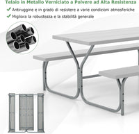 Set Tavolo da Picnic con Panca da 183 cm, Tavolo da Campeggio con 2 Panche per 8 Persone, Foro per Ombrellone, per Giardino, Campeggio, terrazza, Portato Totale 650 kg (Grigio)