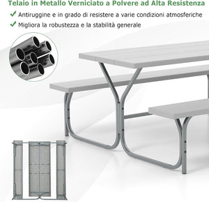 Set Tavolo da Picnic con Panca da 183 cm, Tavolo da Campeggio con 2 Panche per 8 Persone, Foro per Ombrellone, per Giardino, Campeggio, terrazza, Portato Totale 650 kg (Grigio)