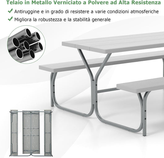Set Tavolo da Picnic con Panca da 183 cm, Tavolo da Campeggio con 2 Panche per 8 Persone, Foro per Ombrellone, per Giardino, Campeggio, terrazza, Portato Totale 650 kg (Grigio)